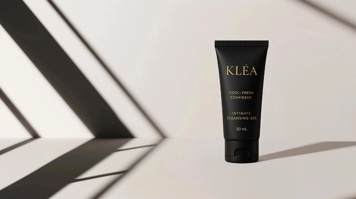 KLA Black Edition Intimate Cleansing Gel - Cool, Fresh, Confident - 20mL black tube with gold lettering on minimalist surface with geometric shadows