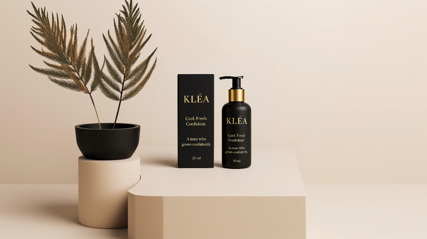 KLA Black Edition - Premium 50ml black pump bottle with gold accents and matching black box - Elegant display with decorative plant in minimalist setting