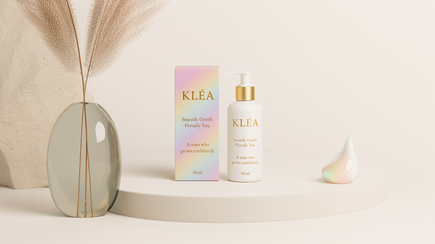 KLA Rainbow Edition - Elegant 50ml white pump bottle with gold accents and pastel rainbow gradient box - Stylish display with glass vase and golden dried pampas grass